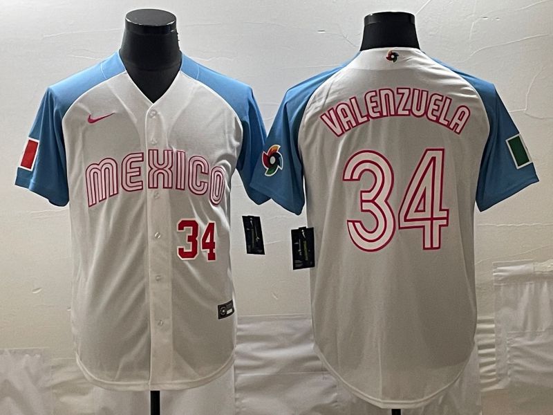 Men 2023 World Cub Mexico #34 Valenzuela White blue Nike MLB Jersey5